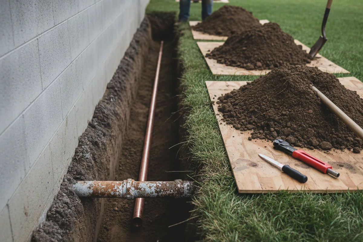 Excavated water line trench during Sewer Line Repair in Kimberly